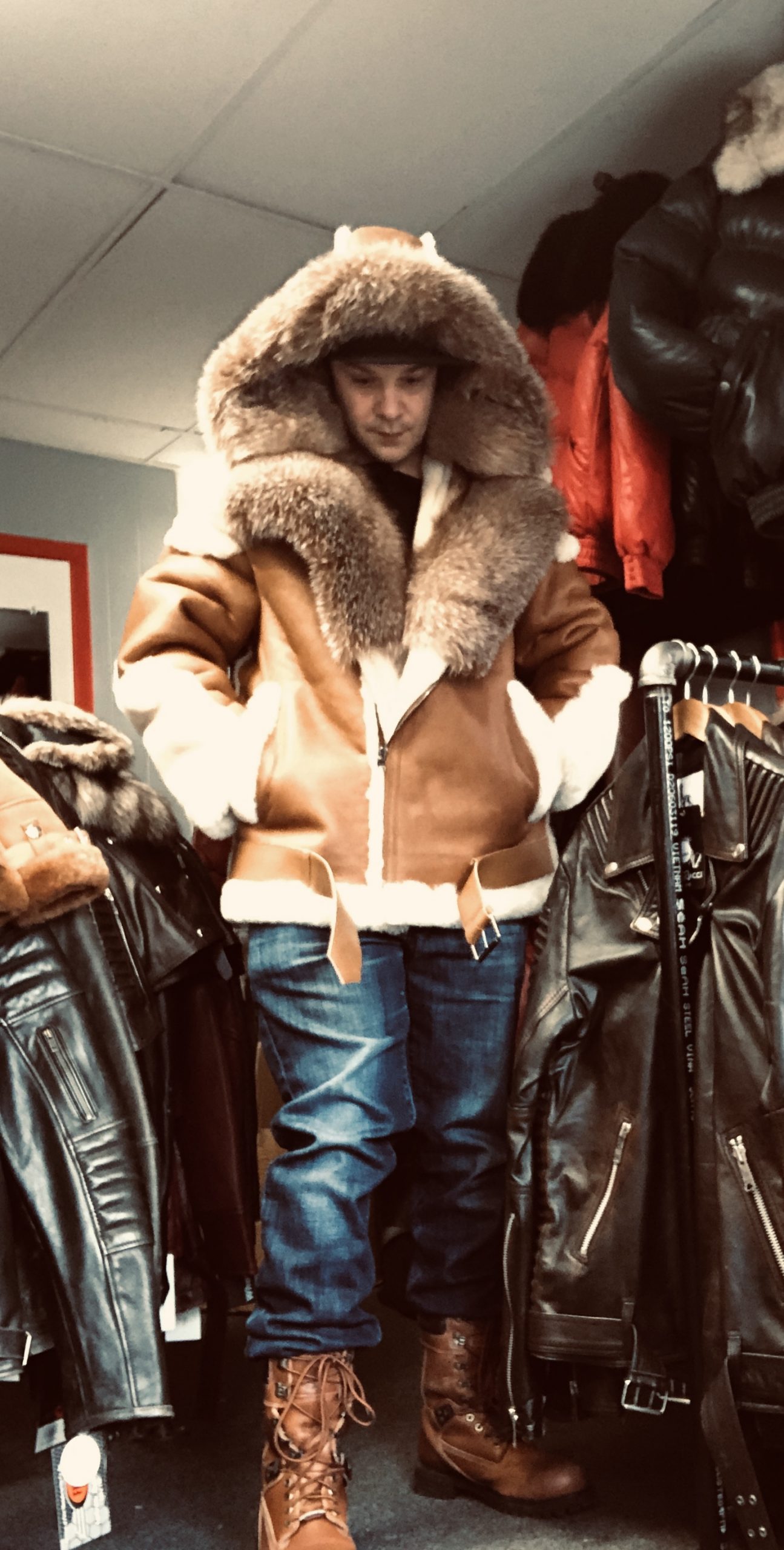 tan shearling, cognac shearling, shearling, brick city leather, brick city, newark, leather coat, leather jacket, newark, belleville, fur, fox fur
