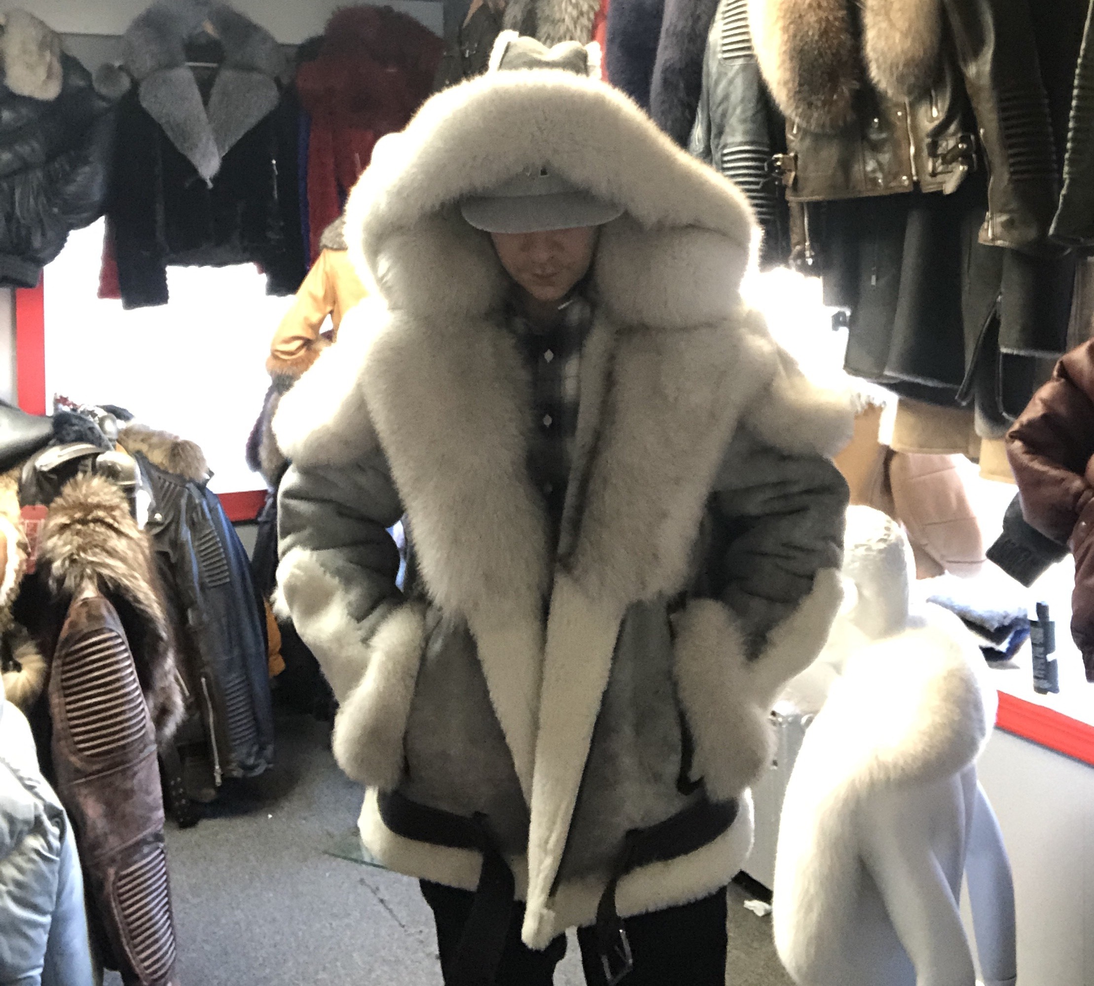 Grey Shearling Fur Hood & Collar