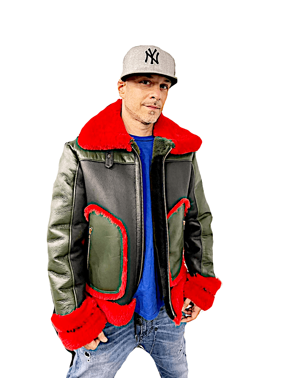 Multi colored red, green & black shearling with napa leather